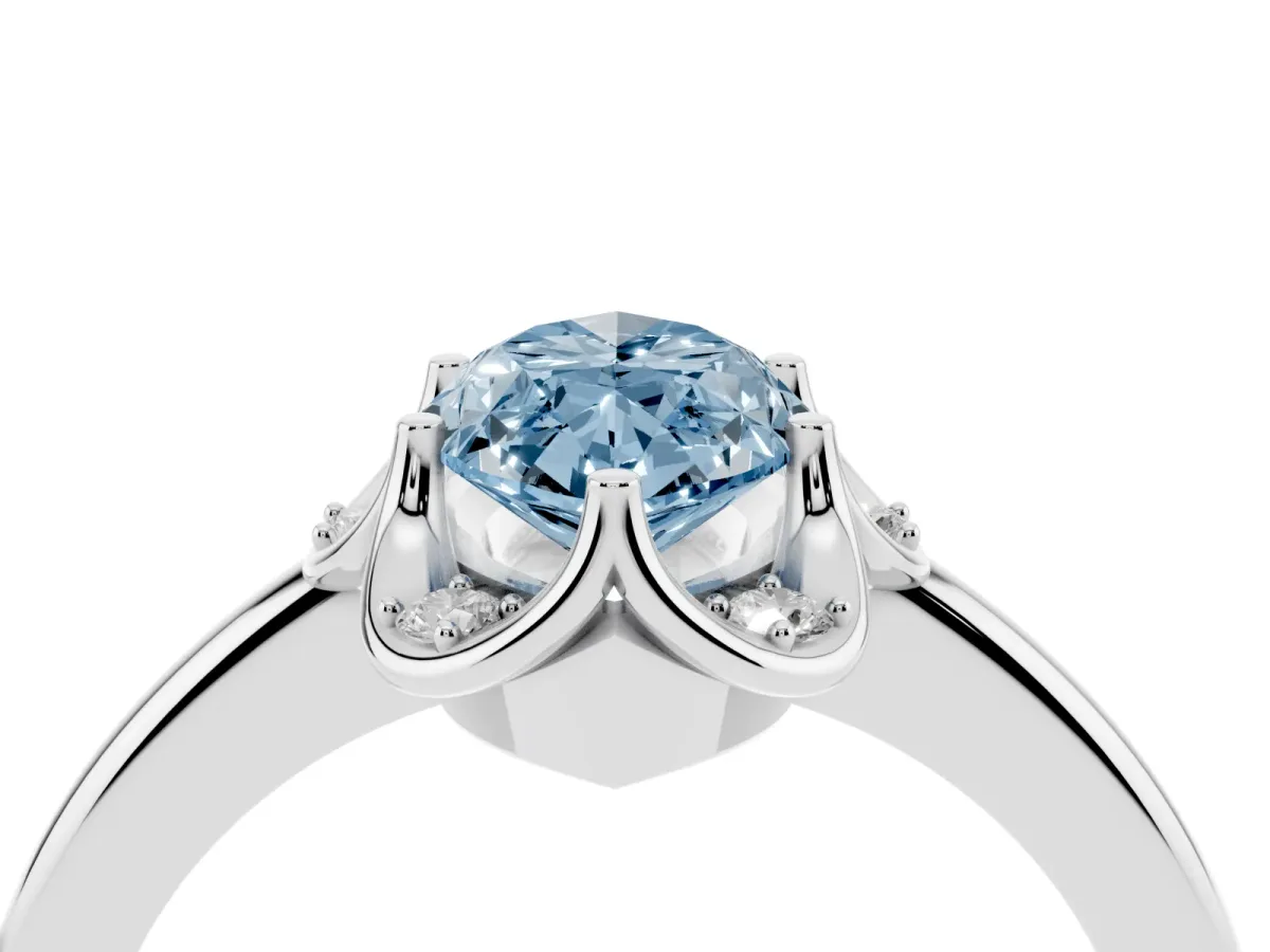 Fancy Blue Marquise Cut Halo Diamond Ring with Round Cluster Setting, Solitaire Band, and Four-Prong Setting Platinum