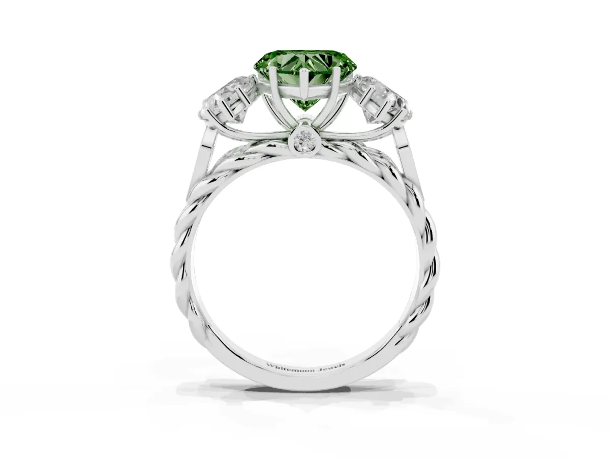 Fancy Green Three-Stone Heart Cut Diamond Braided Band Ring with Four-Prong Setting Silver