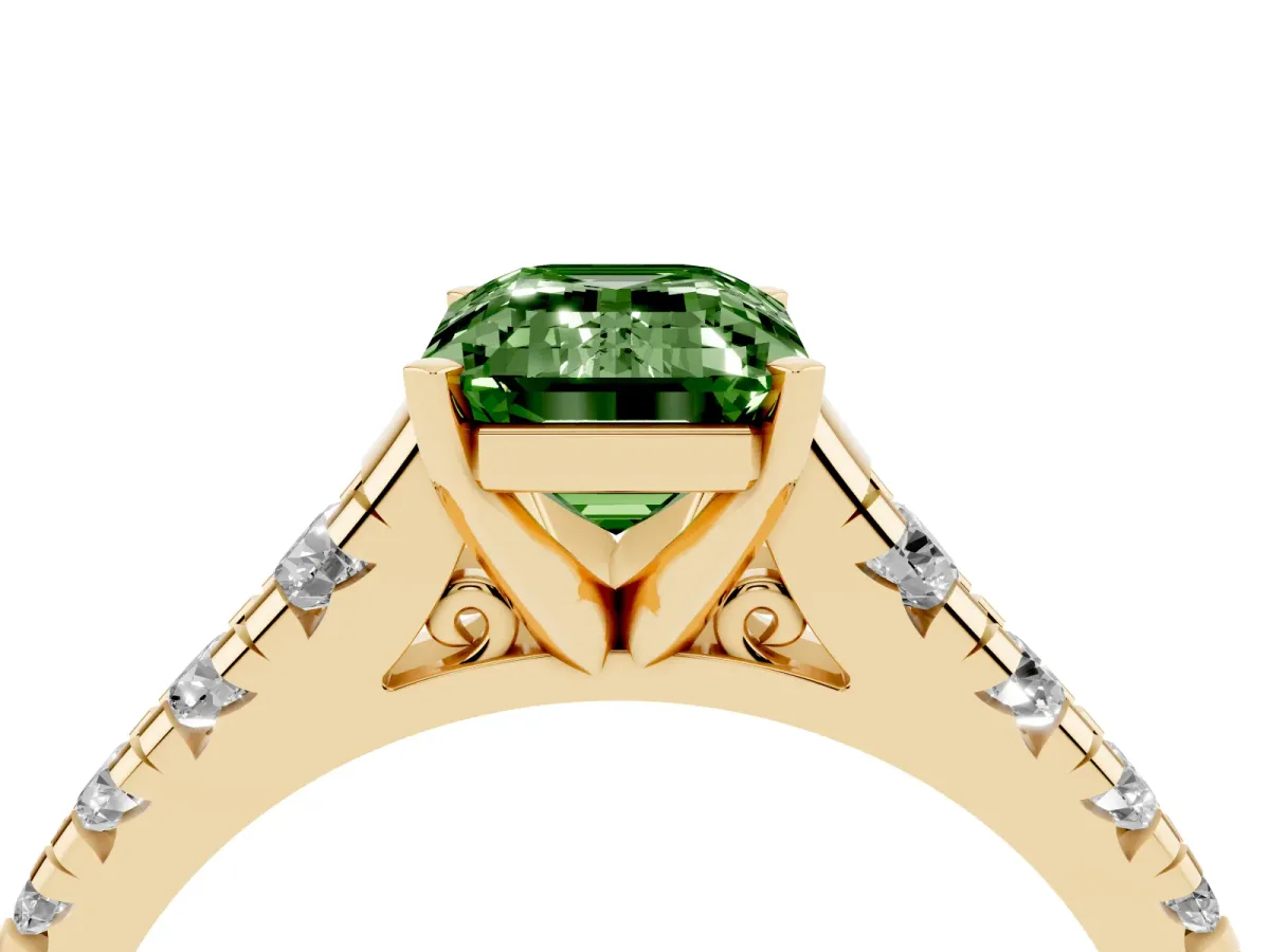 Fancy Green Emerald Cut Diamond Cathedral Solitaire Ring with Round Pavé Band Yellow gold