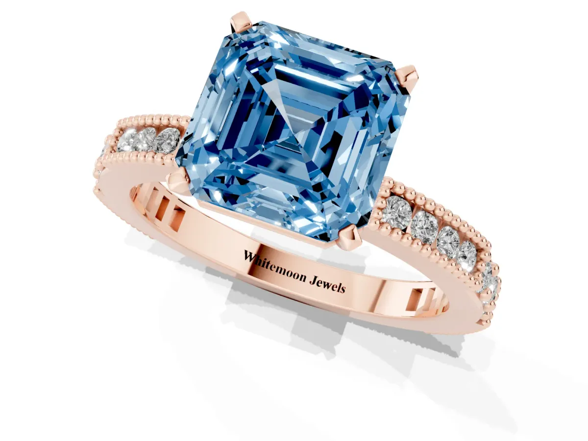 Fancy Blue Asscher Cut Solitaire with Pavé Band and Four-Prong Setting Rose gold