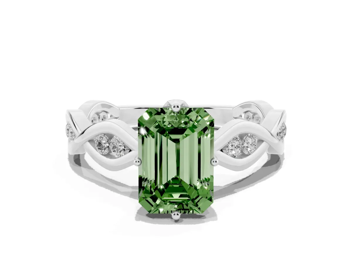 Fancy Green Emerald Cut Solitaire Twist Band with Leaf Prong Setting Silver