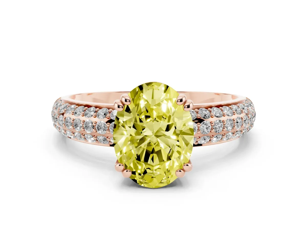 Fancy Yellow Oval Cut Diamond Solitaire Ring with Multi-Row Round Pavé Band and Prong Setting Rose gold