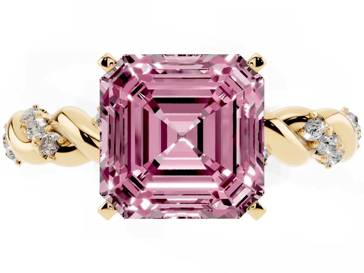 Fancy Pink Asscher Cut Diamond Solitaire Ring with Twisted Band and Pavé Accents Yellow gold