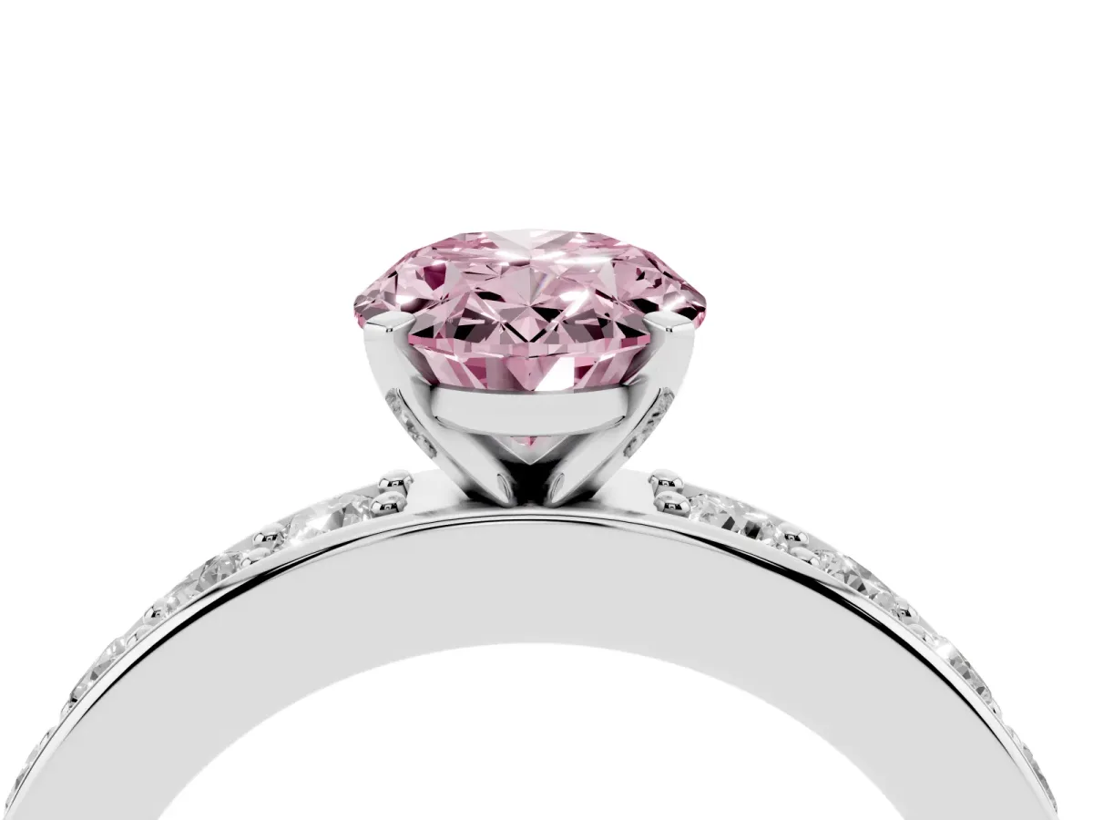 Fancy Pink Oval Cut Diamond Engagement Ring with Channel Set Round Band and Prong Setting Silver