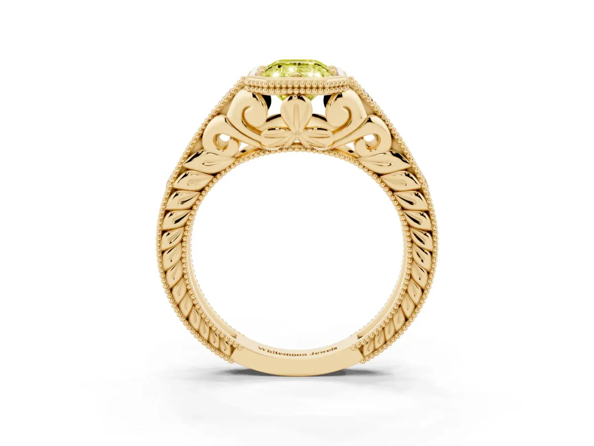 Fancy Yellow Bezel Set Emerald Cut Diamond Milgrain Pave Engagement Ring Yellow gold