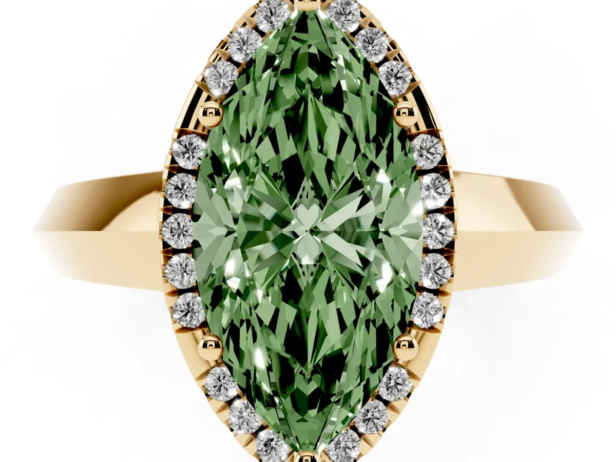 Fancy Green Marquise Cut Halo Diamond Ring with Cathedral Band and Four-Prong Setting Yellow gold