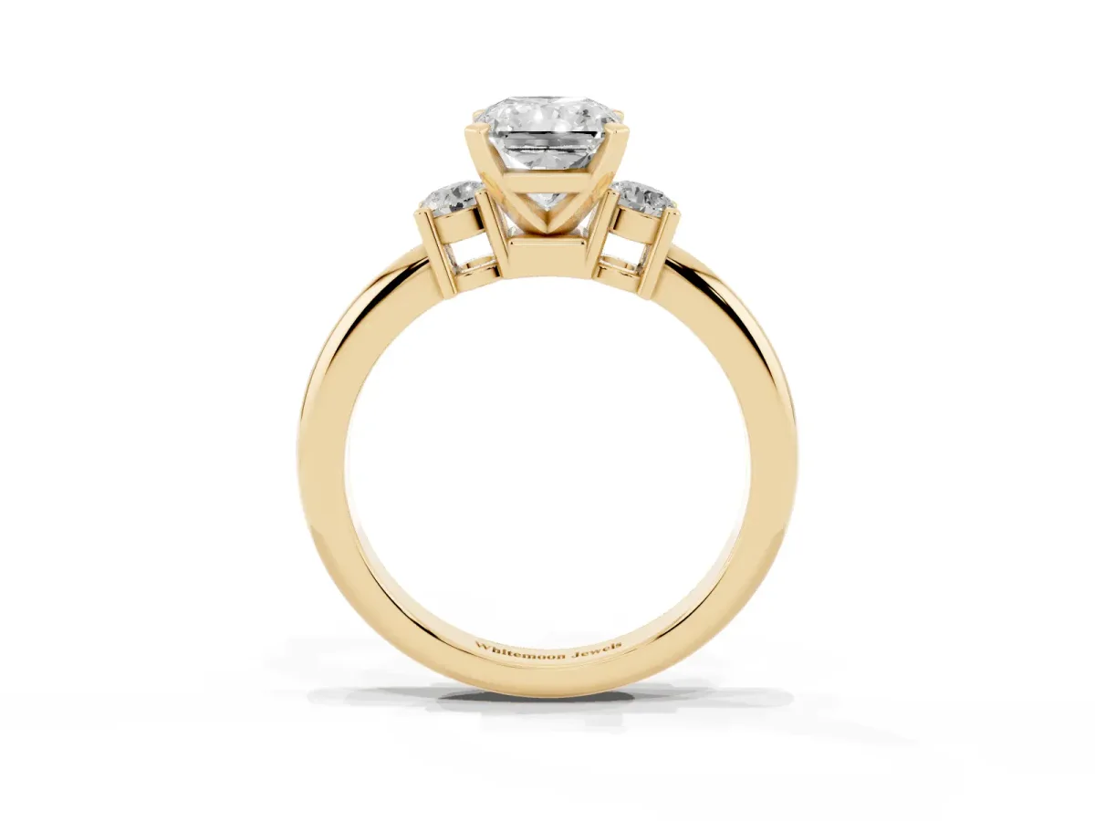 Three-Stone Radiant Cut Cut Diamond Solitaire with Prong Setting and Classic Band Yellow gold