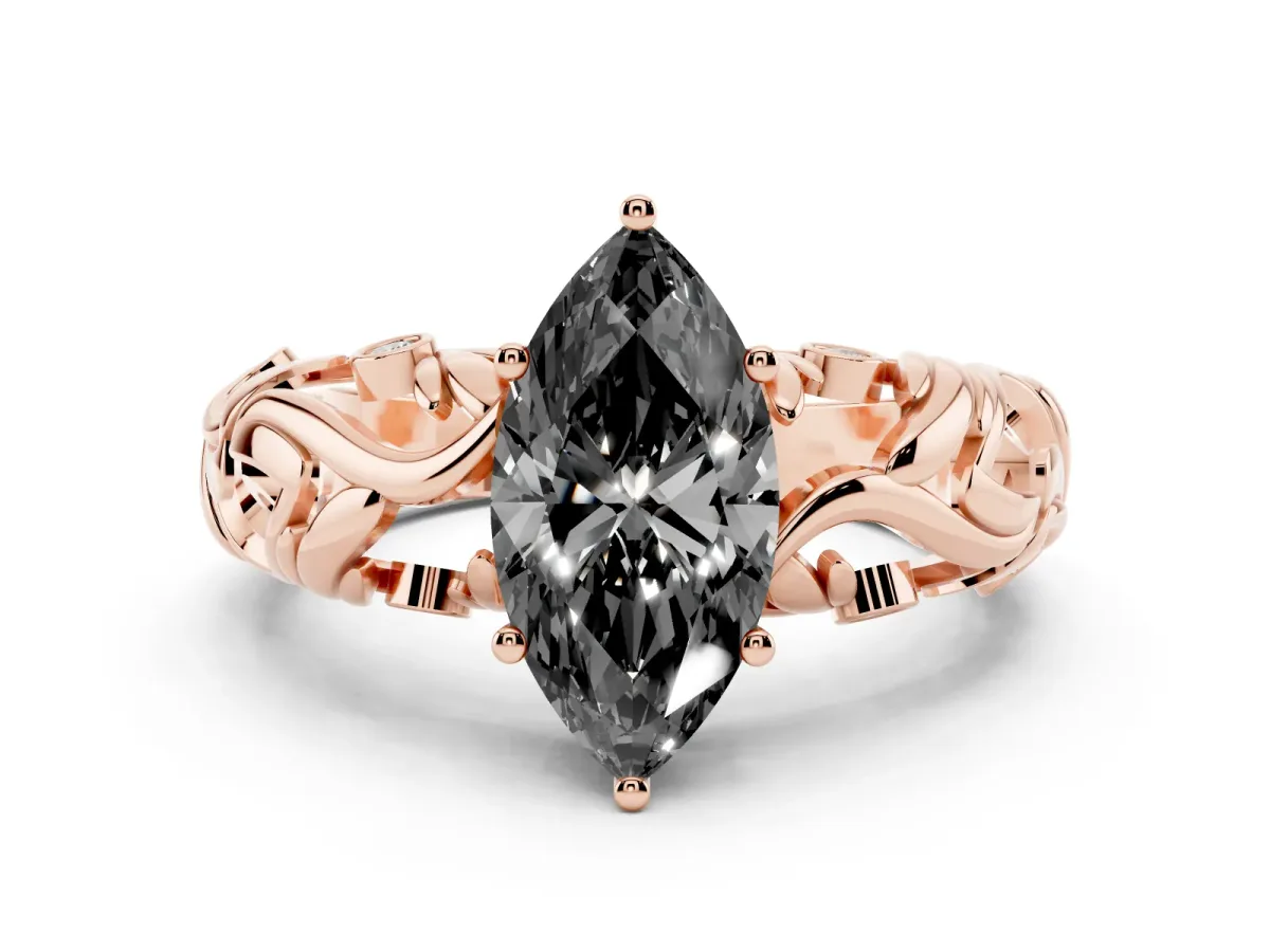 Fancy Black Marquise Cut Solitaire Diamond Leaf-Inspired Vine Band Ring with Prong Setting Rose gold