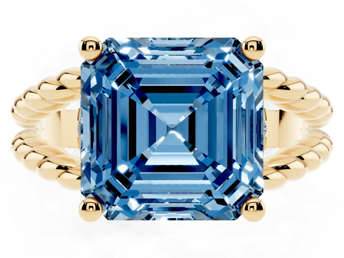 Fancy Blue Asscher Cut Halo Twisted Band Four-Prong Ring Yellow gold