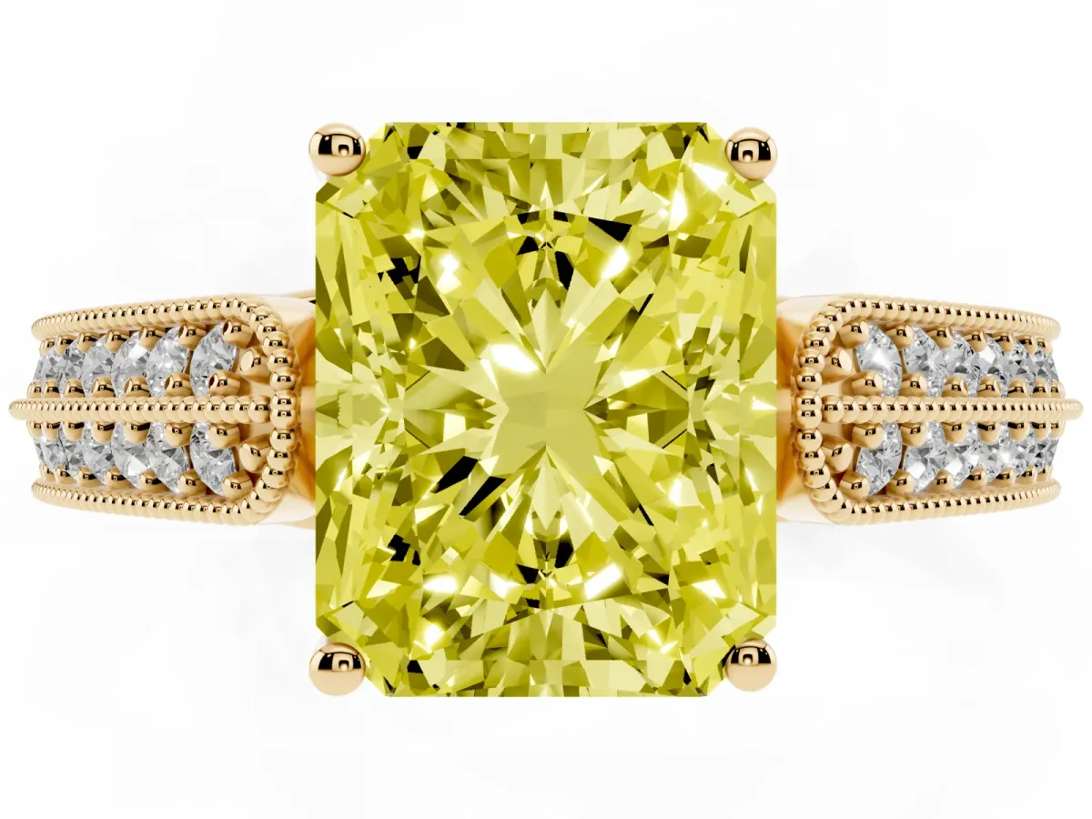 Fancy Yellow Radiant Cut Cut Pave Split Shank Engagement Ring with Four-Prong Setting Yellow gold