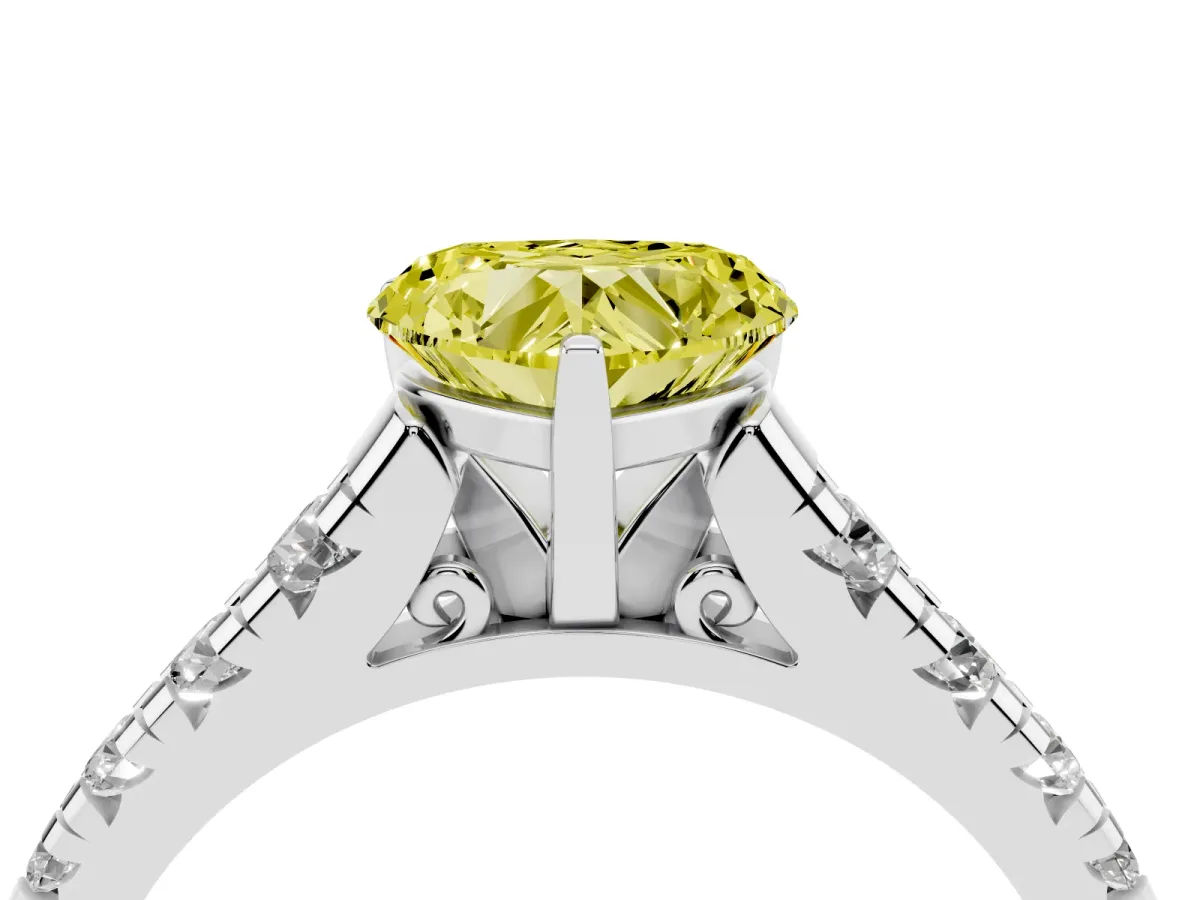 Fancy Yellow Heart Cut Diamond Cathedral Solitaire Ring with Round Pavé Band Silver
