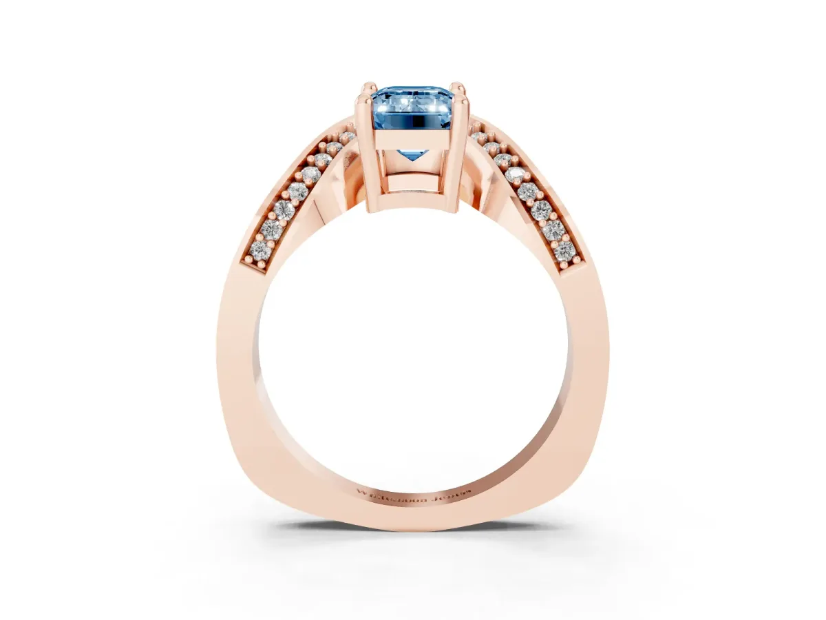 Fancy Blue Emerald Cut Solitaire Diamond Engagement Ring with Pave Band and Four-Prong Setting Rose gold