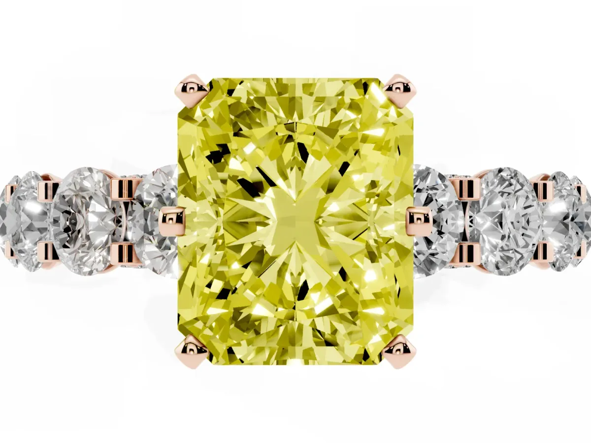 Fancy Yellow Radiant Cut Diamond Side Stone Engagement Ring with Four-Prong Setting Rose gold