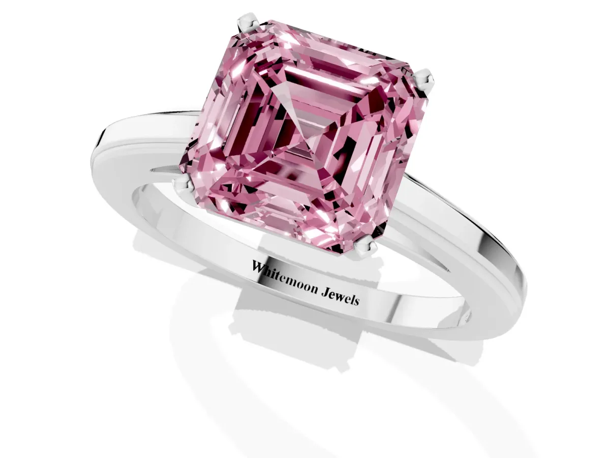 Fancy Pink Asscher Cut Solitaire Diamond Ring with Four-Prong Setting and Classic Band Platinum