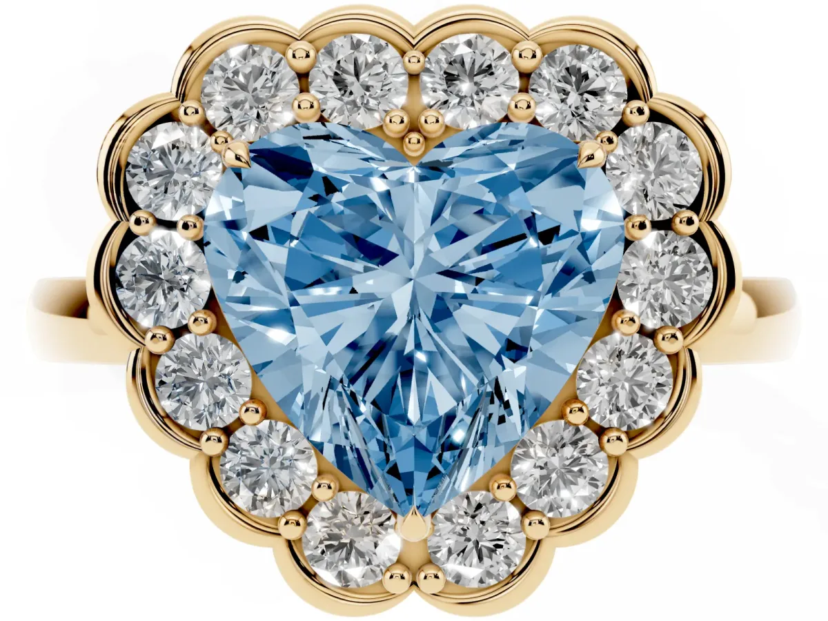Fancy Blue Heart Cut Halo Cluster Diamond Engagement Ring with Solitaire Band and Prong Setting Yellow gold