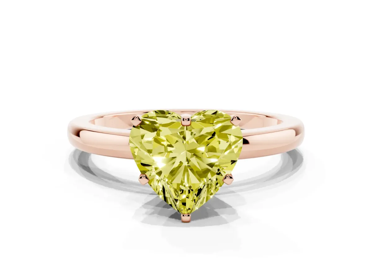Fancy Yellow Heart Cut Solitaire Diamond Ring with Six-Prong Setting on a Classic Band Rose gold