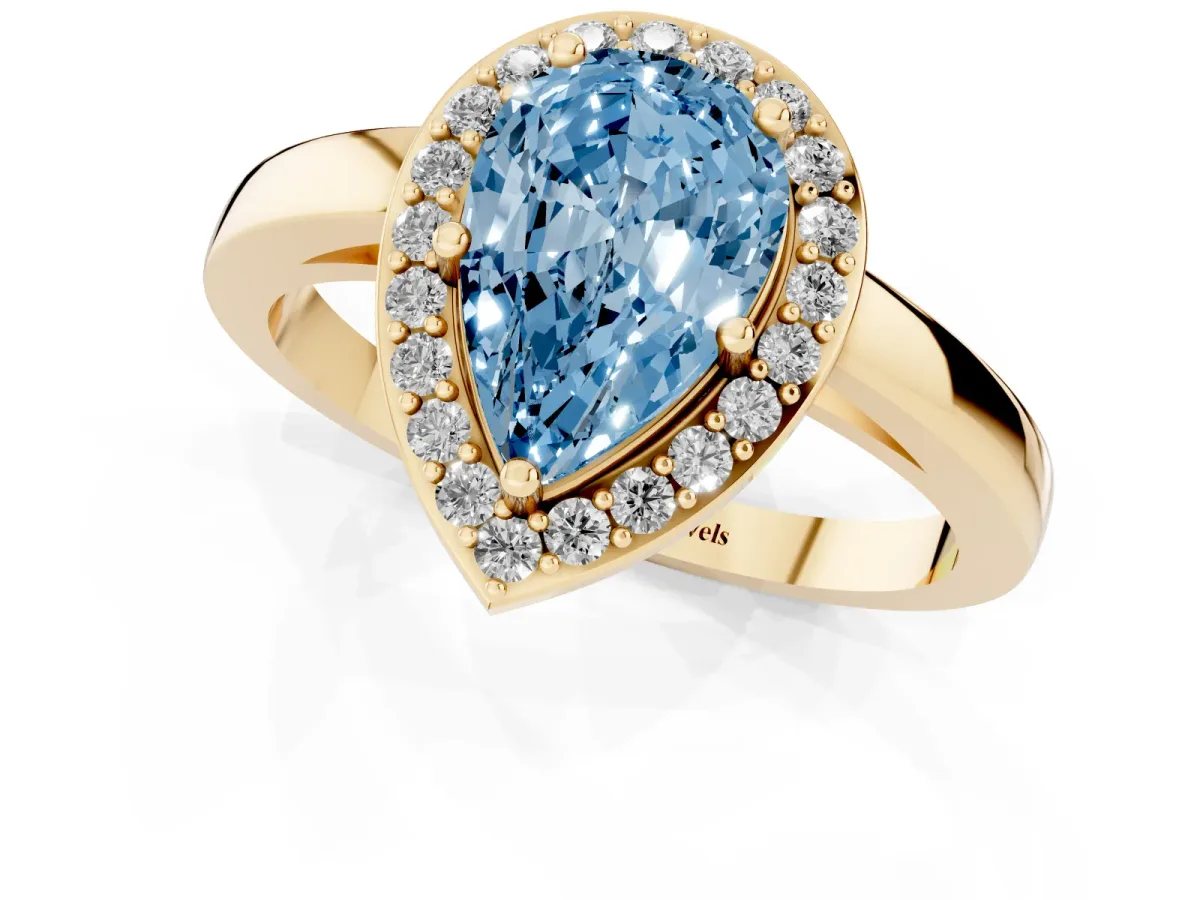 Fancy Blue Pear Cut Halo Diamond Ring with Solitaire Band and Prong Setting Yellow gold
