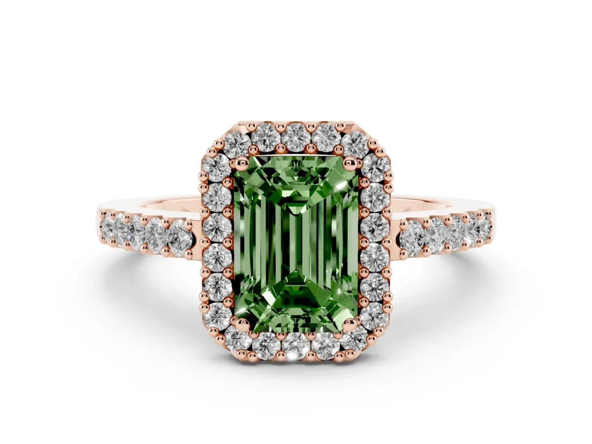 Fancy Green Emerald Cut Halo Diamond Pavé Solitaire Ring Rose gold