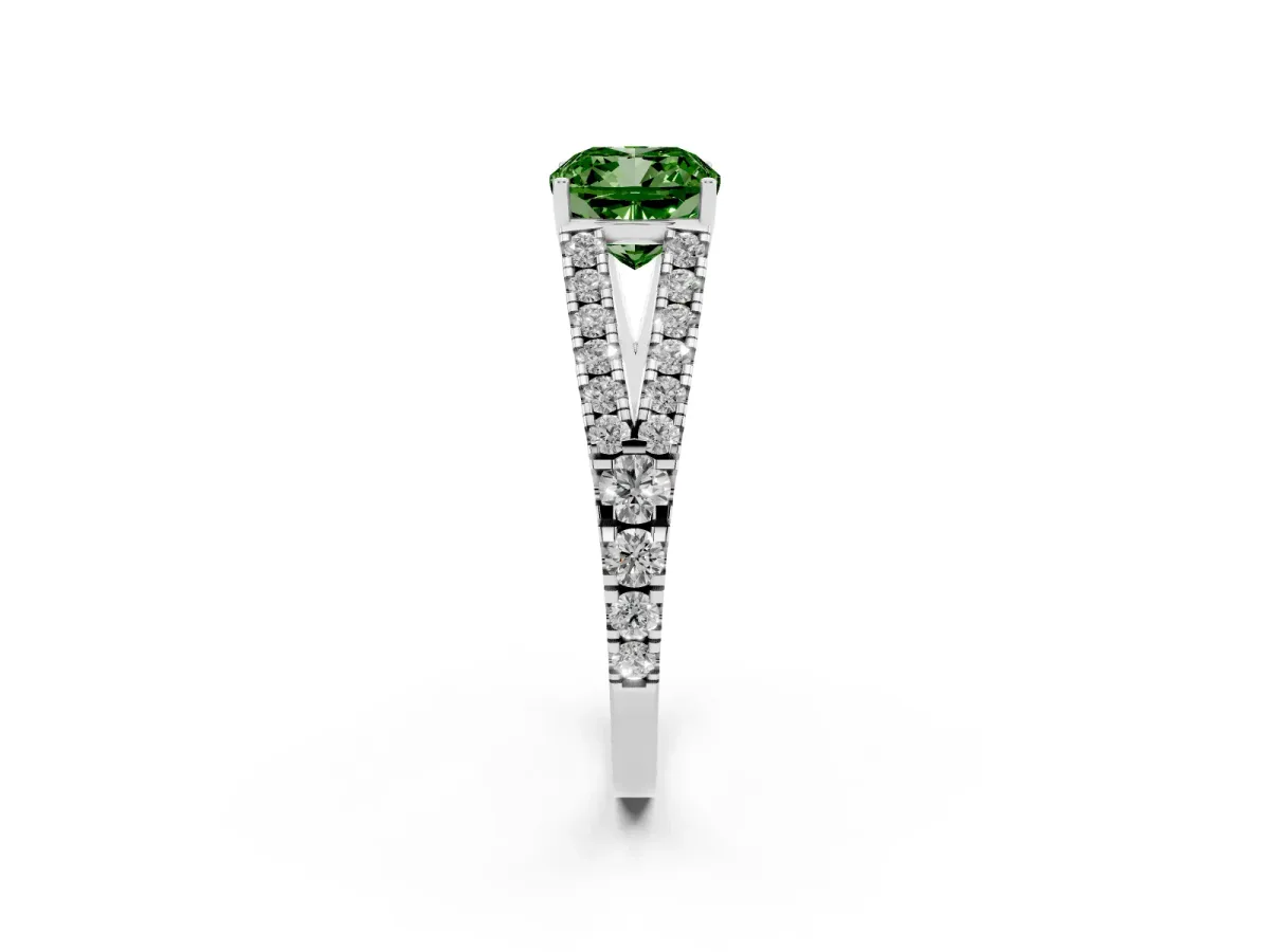 Fancy Green Cushion Cut Diamond Split Shank Pavé Engagement Ring with Four-Prong Setting White gold