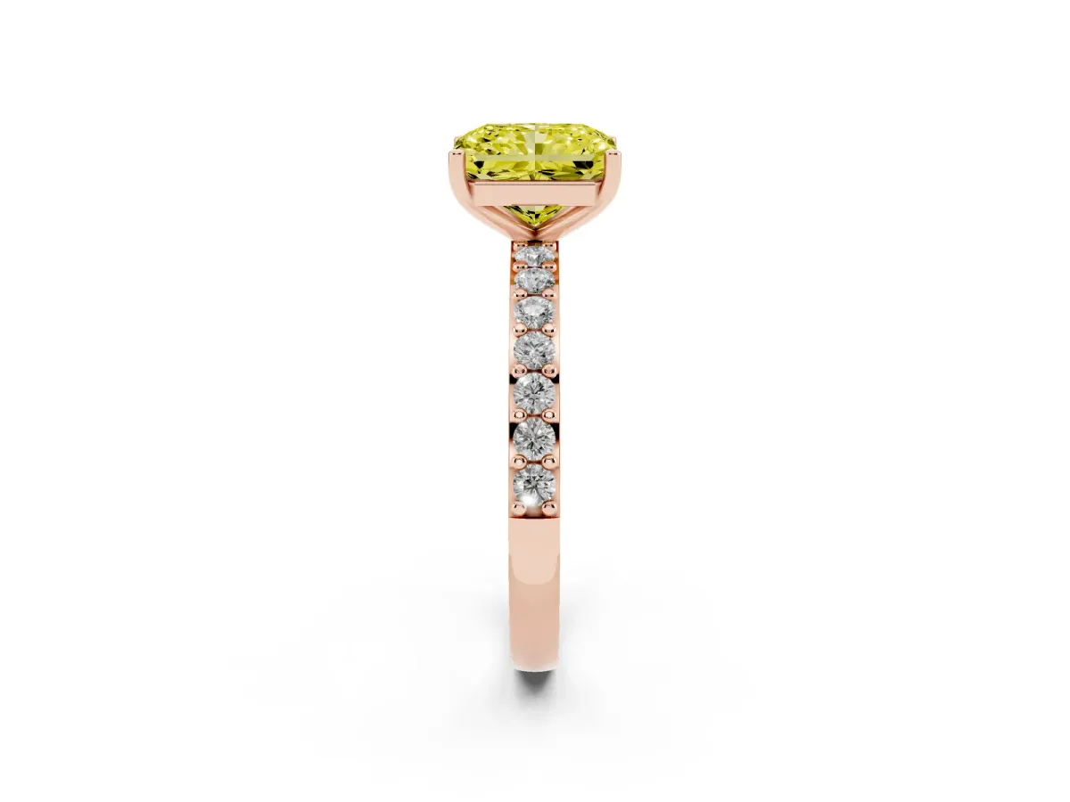 Fancy Yellow Radiant Cut Cut Diamond Solitaire with Pave Band and Four-Prong Setting Rose gold