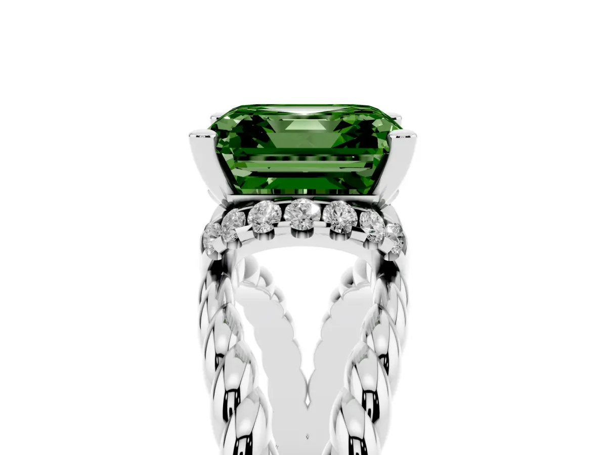 Fancy Green Asscher Cut Halo Twisted Band Four-Prong Ring Silver