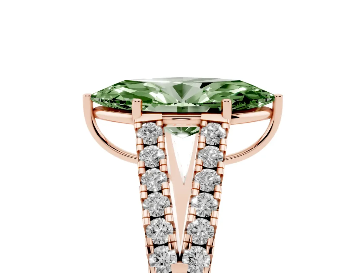 Fancy Green Marquise Cut Diamond Split Shank Engagement Ring with Round Pavé and Prong Setting Rose gold