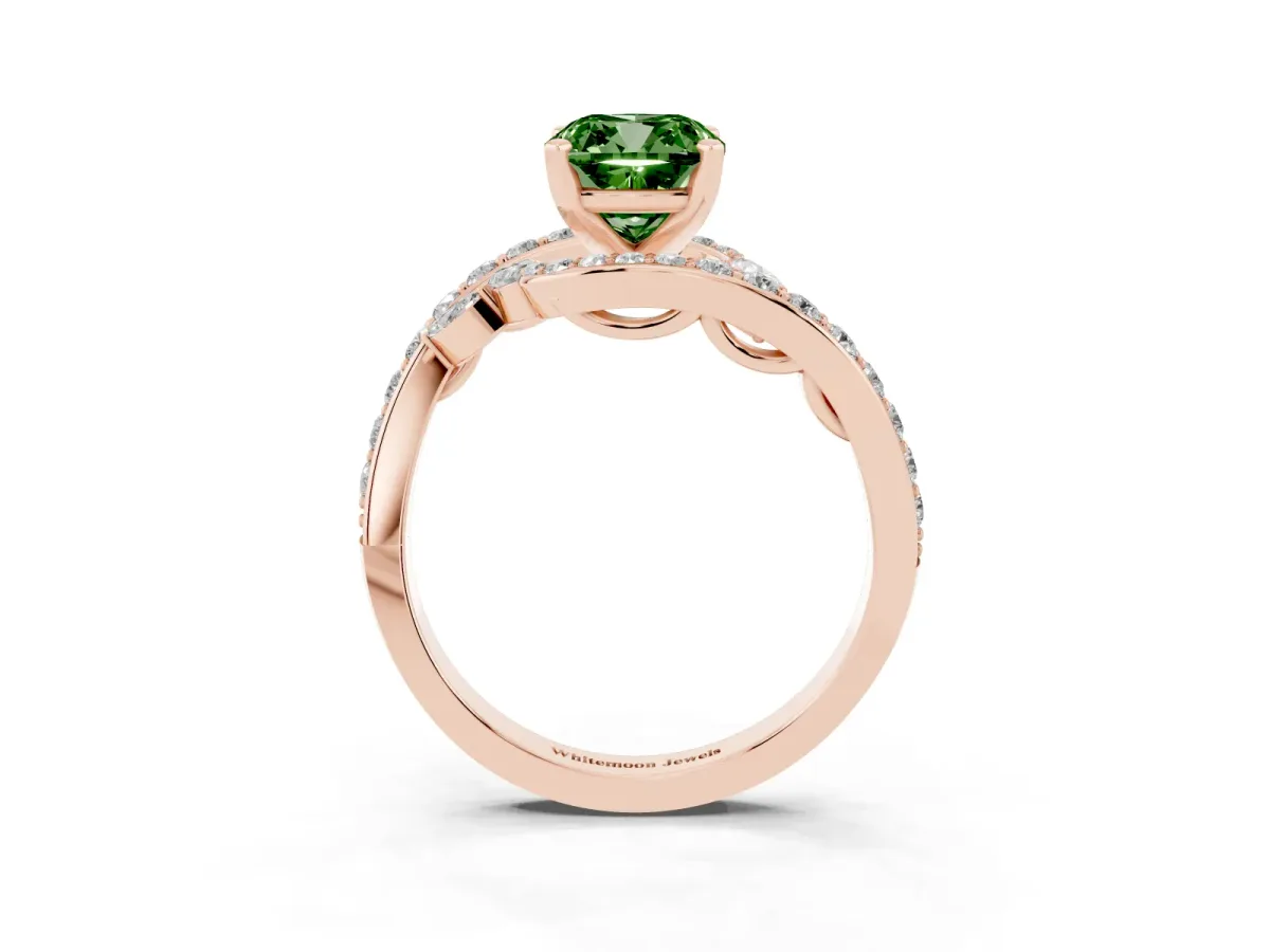 Fancy Green Cushion Cut Solitaire with Pavé Twist Band and Four-Prong Setting Rose gold