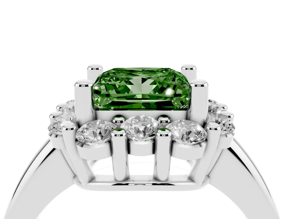 Fancy Green Princess Cut Halo Cluster Diamond Engagement Ring with Prong Setting and Polished Band Platinum