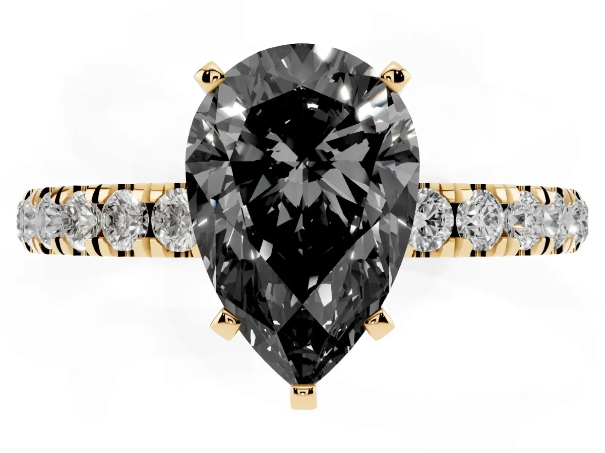 Fancy Black Pear Cut Diamond Solitaire Ring with Pavé Accents and Four-Prong Setting Yellow gold