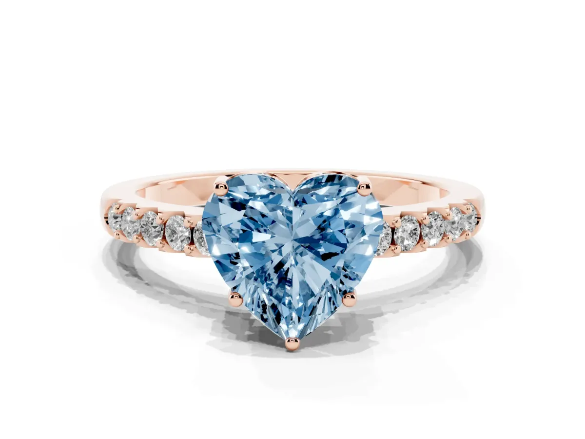 Fancy Blue Heart Cut Solitaire Diamond Engagement Ring with Pavé Band and Six-Prong Setting Rose gold