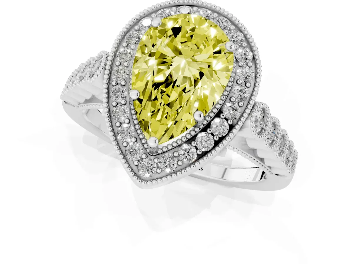Fancy Yellow Pear Cut Halo Milgrain Solitaire with Bezel Set Side Stones and Pave Band Silver
