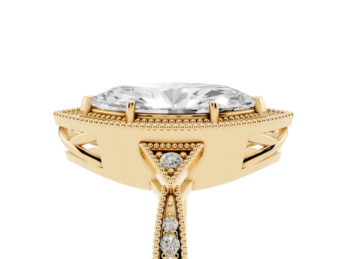Marquise Cut Halo Round Diamond Milgrain Pave Engagement Ring Yellow gold