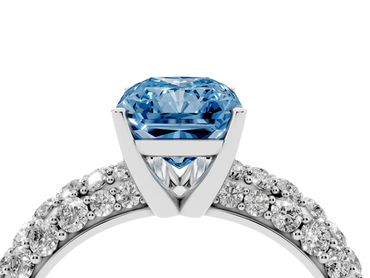 Fancy Blue Radiant Cut Diamond Pavé Band Solitaire Ring with Four-Prong Setting Platinum