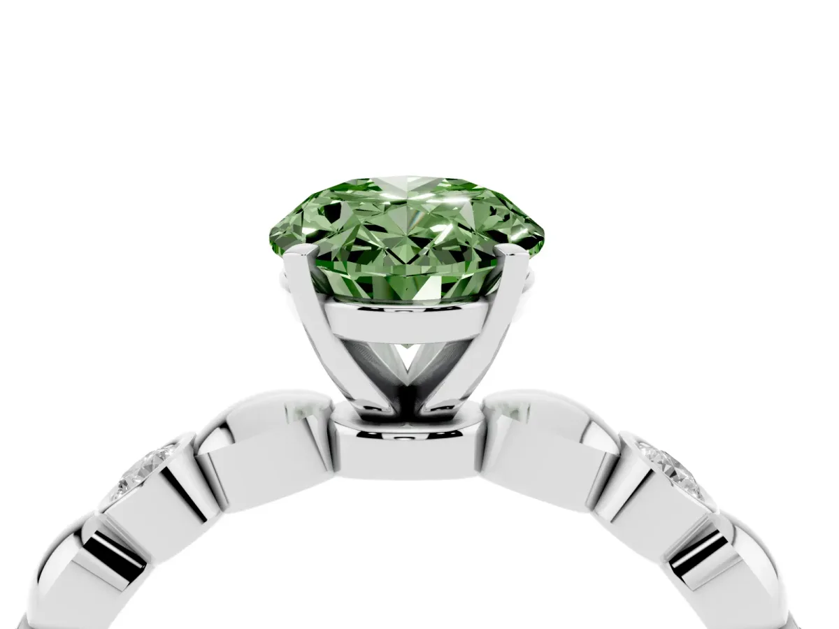 Fancy Green Oval Cut Solitaire Bezel-Set Diamond Ring with Beaded Band and Four-Prong Setting Silver