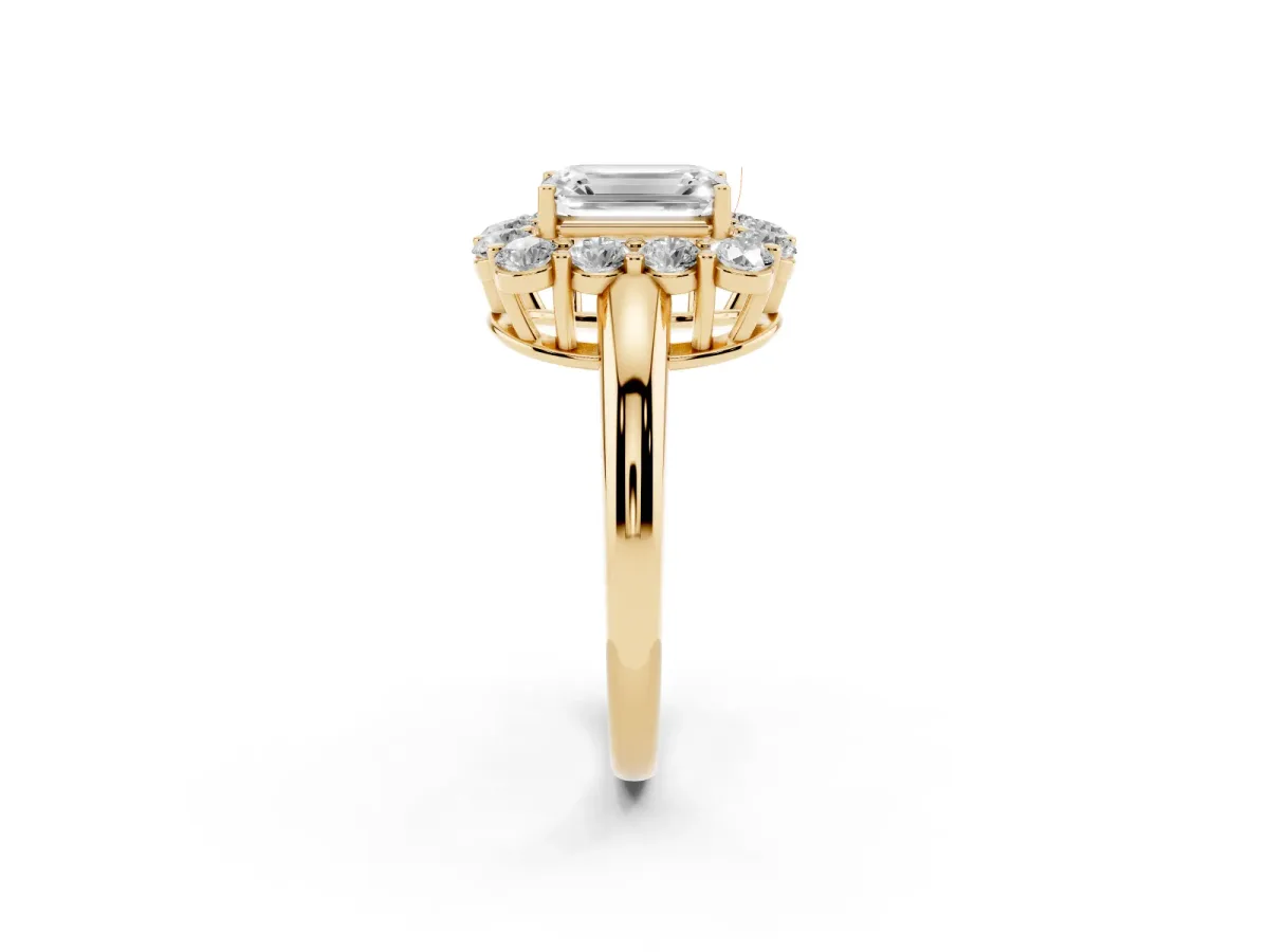 Emerald Cut Halo Cluster Diamond Engagement Ring with Prong Setting and Polished Band Yellow gold