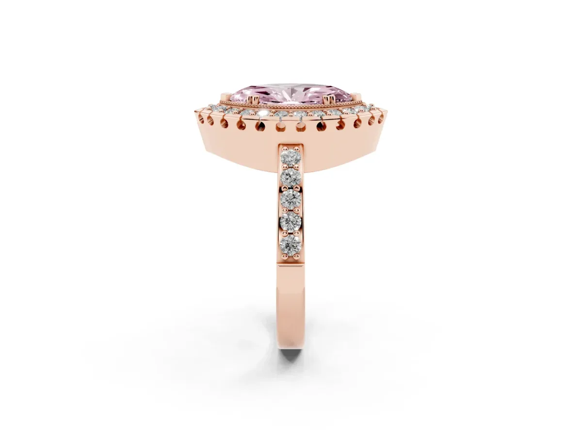 Fancy Pink Marquise Cut Diamond Halo Ring with Pavé Band and Prong Setting Rose gold