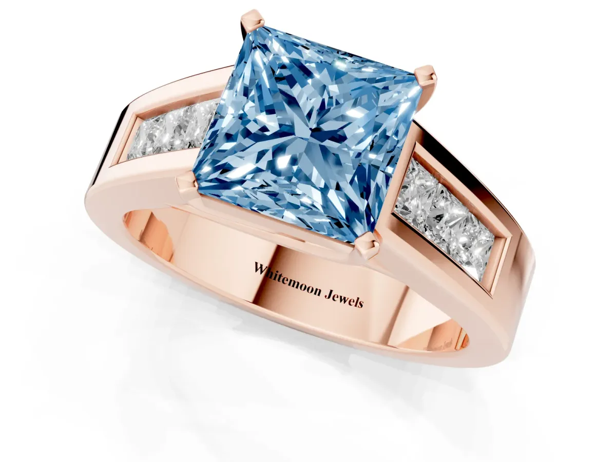 Fancy Blue Princess Cut Cut Channel Set Solitaire Ring with Four-Prong Setting Rose gold
