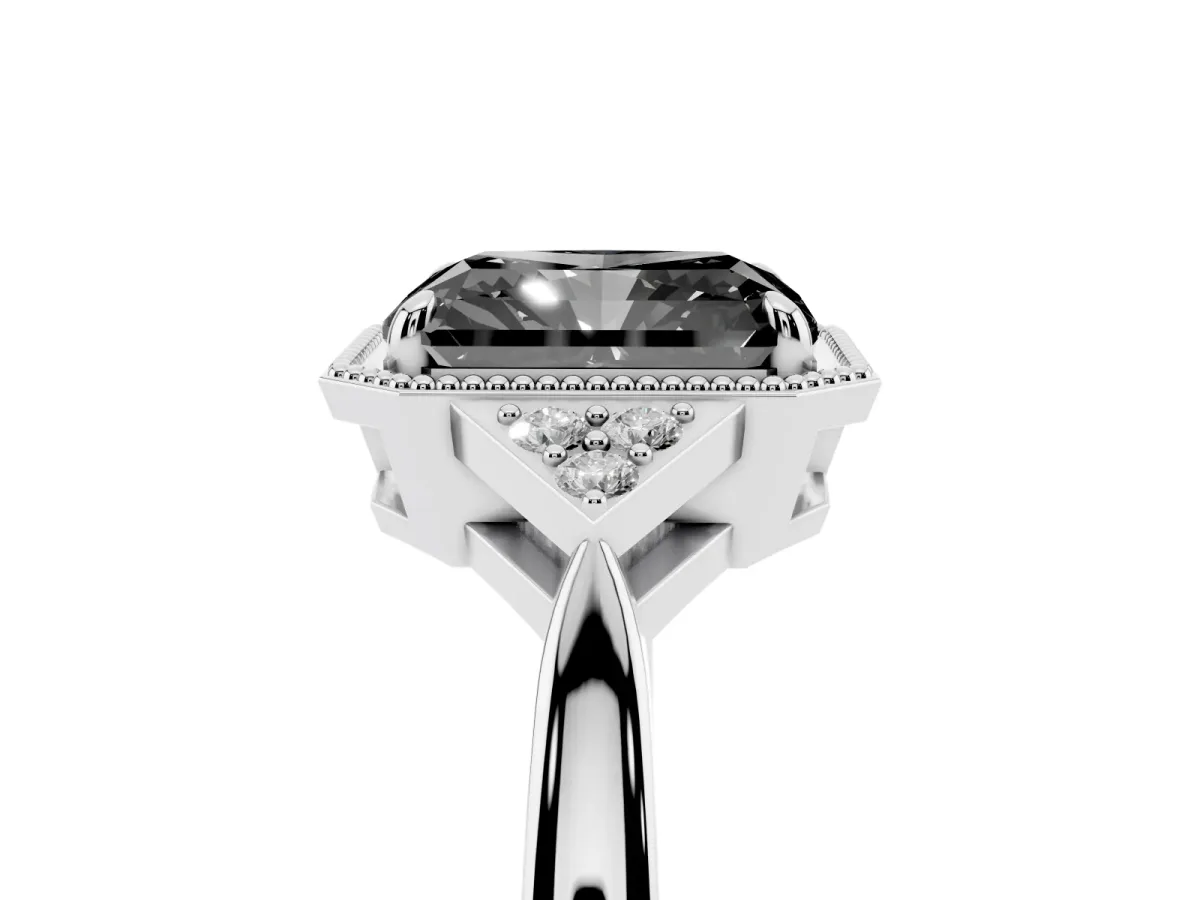 Fancy Black Hexagonal Halo Radiant Cut Diamond Solitaire with Pavé Band and Four-Prong Setting White gold