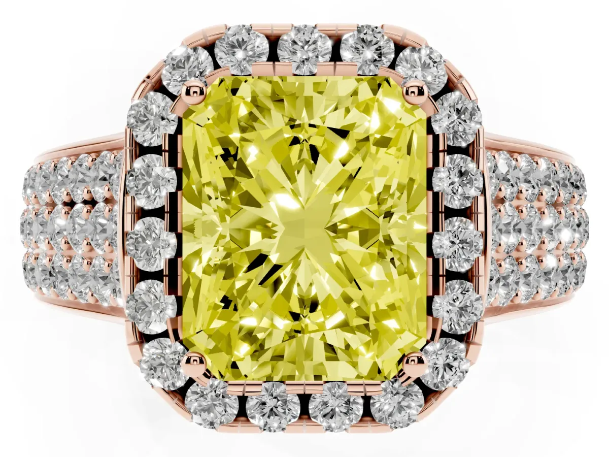 Fancy Yellow Radiant Cut Halo Round Diamond Pave Band with Prong Setting Rose gold