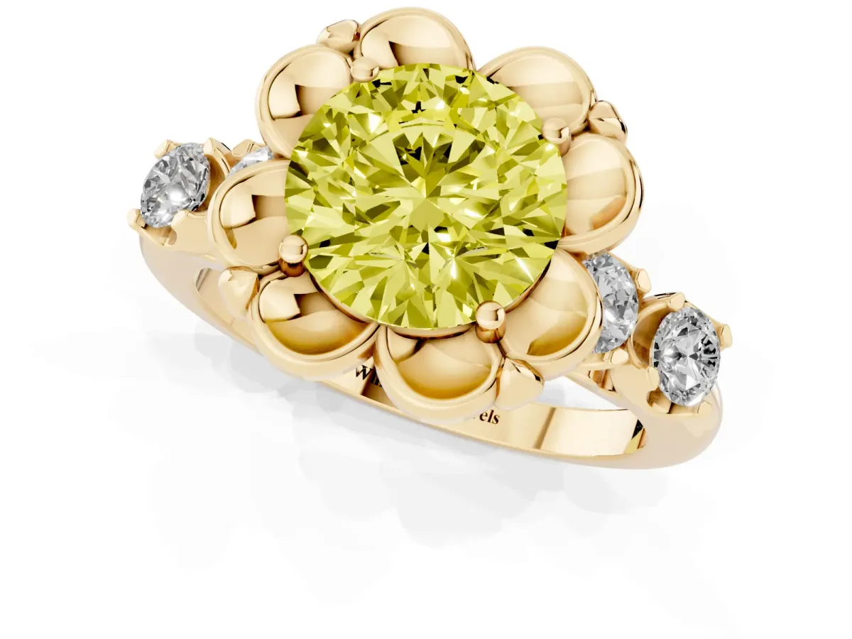 Fancy Yellow Round Cut Cut Diamond Floral Halo Engagement Ring with Shared Prong Setting Yellow gold