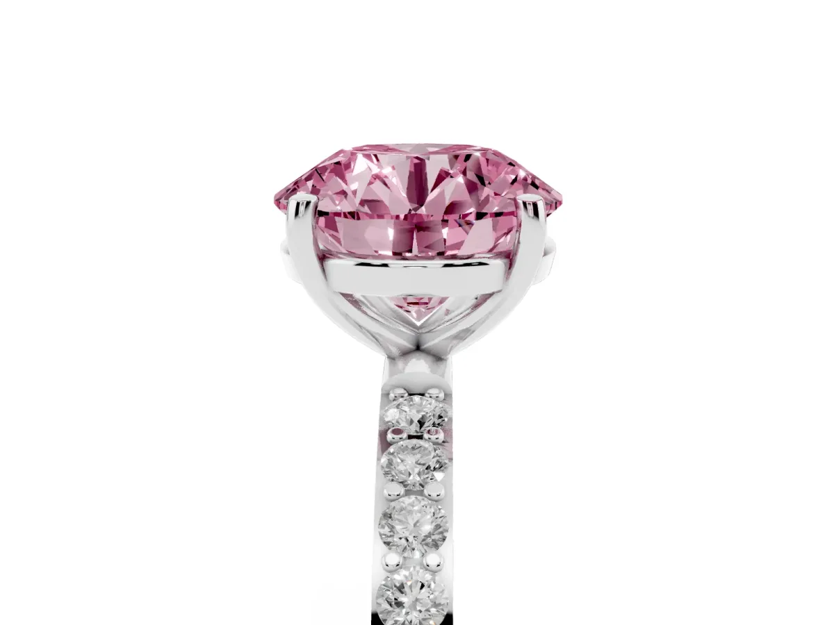 Fancy Pink Round Cut Diamond Solitaire Ring with Round Pavé Shoulders and Prong Setting Silver