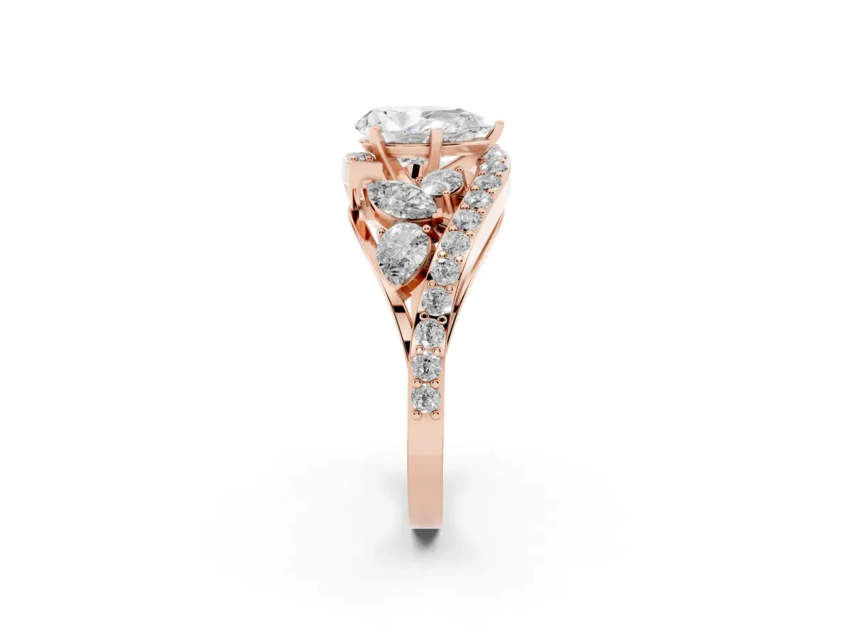 Pear Cut Diamond Halo Ring with Marquise and Pavé Band in Prong Setting Rose gold