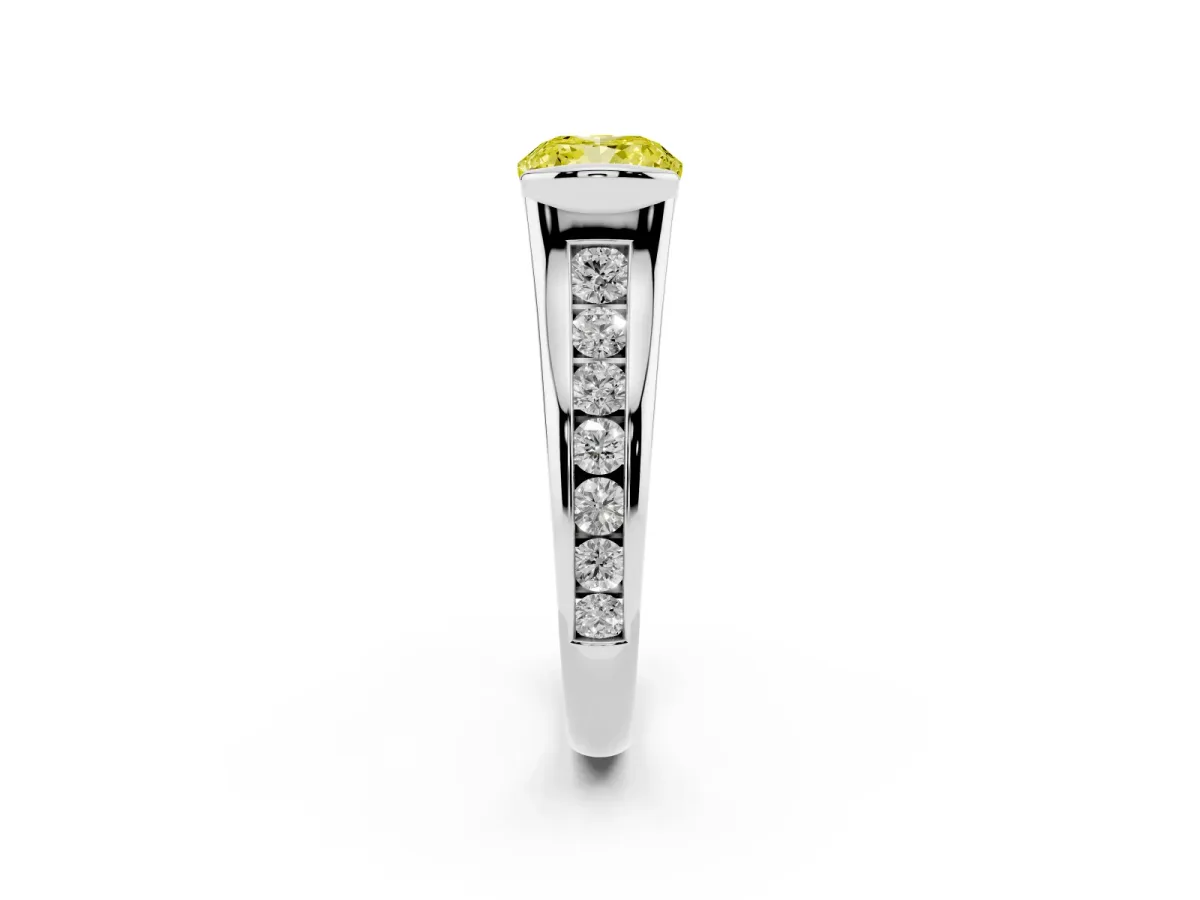 Fancy Yellow Cushion Cut Solitaire Bezel-Set Diamond Ring with Channel-Set Band Silver