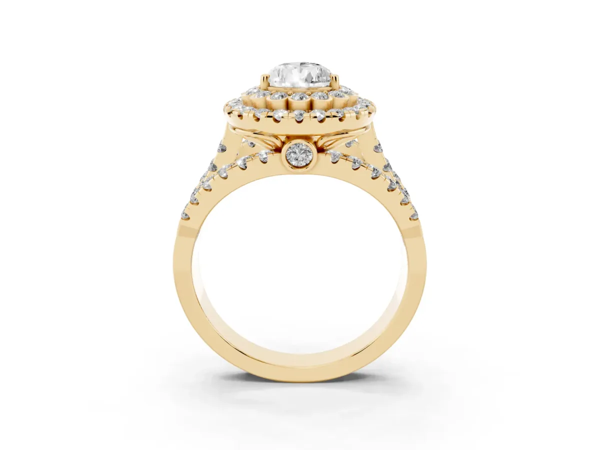 Pear Cut Diamond Double Halo Ring with Round Pavé Split Shank and Prong Setting Yellow gold