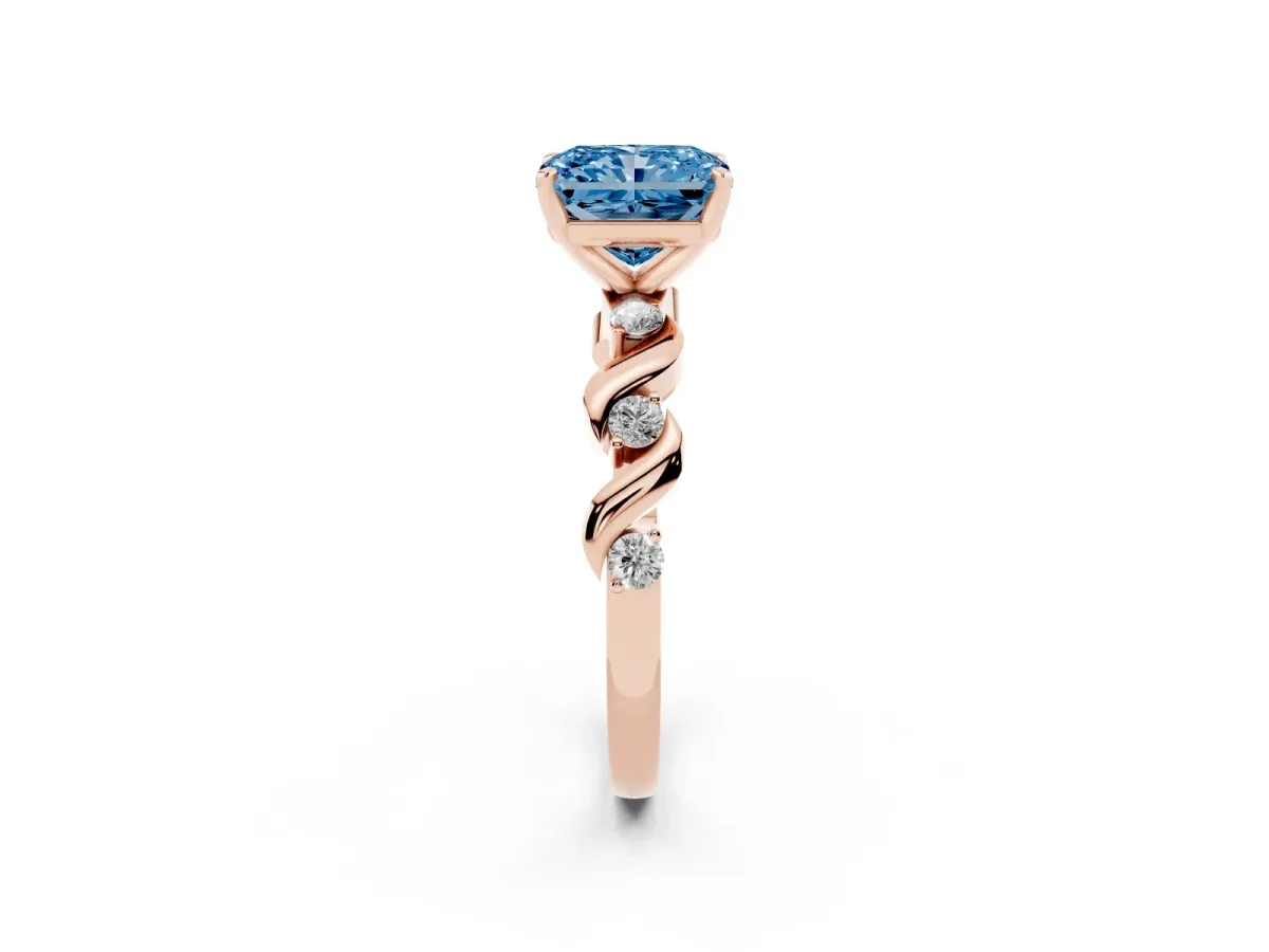 Fancy Blue Radiant Cut Diamond Solitaire Twisted Band with Round Accents and Prong Setting Rose gold