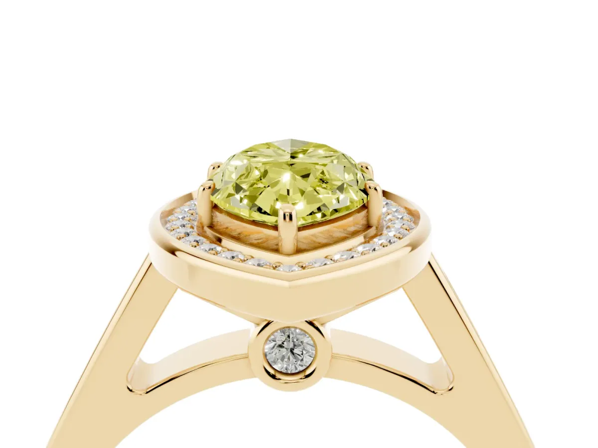 Fancy Yellow Marquise Cut Halo Solitaire Diamond Ring with Pave Band and Bezel Setting Yellow gold