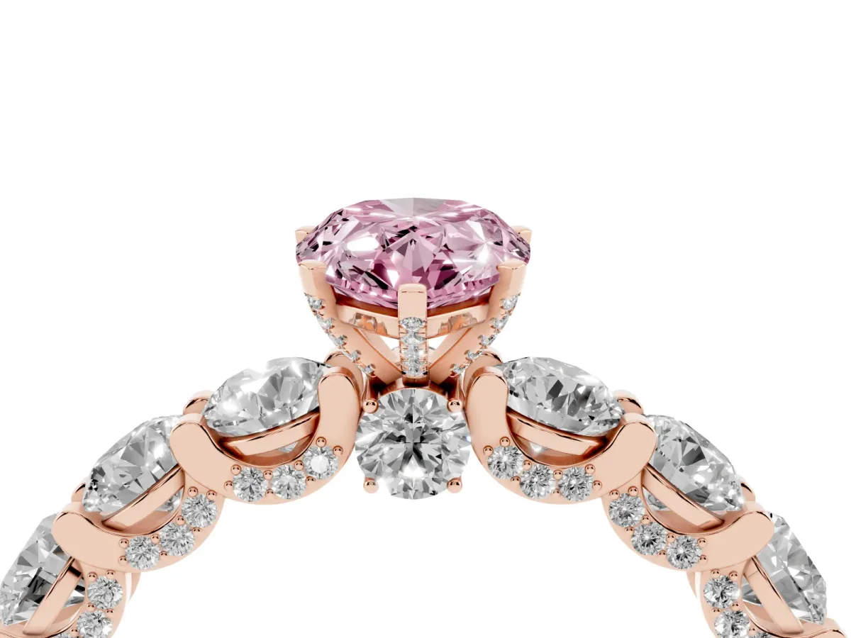 Fancy Pink Pear Cut Diamond Side Stone Engagement Ring with Four-Prong Setting Rose gold