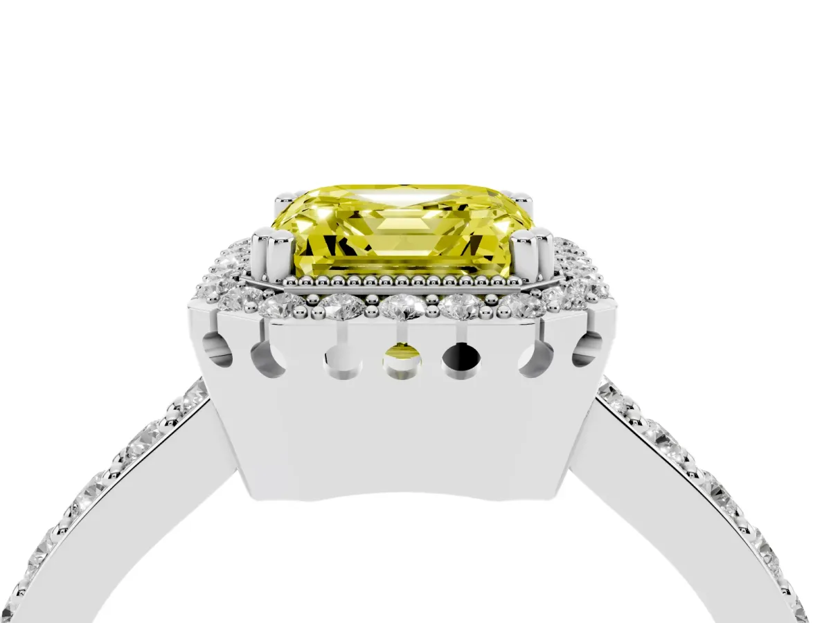 Fancy Yellow Asscher Cut Cut Diamond Halo Engagement Ring with Milgrain Detail and Pavé Band Silver