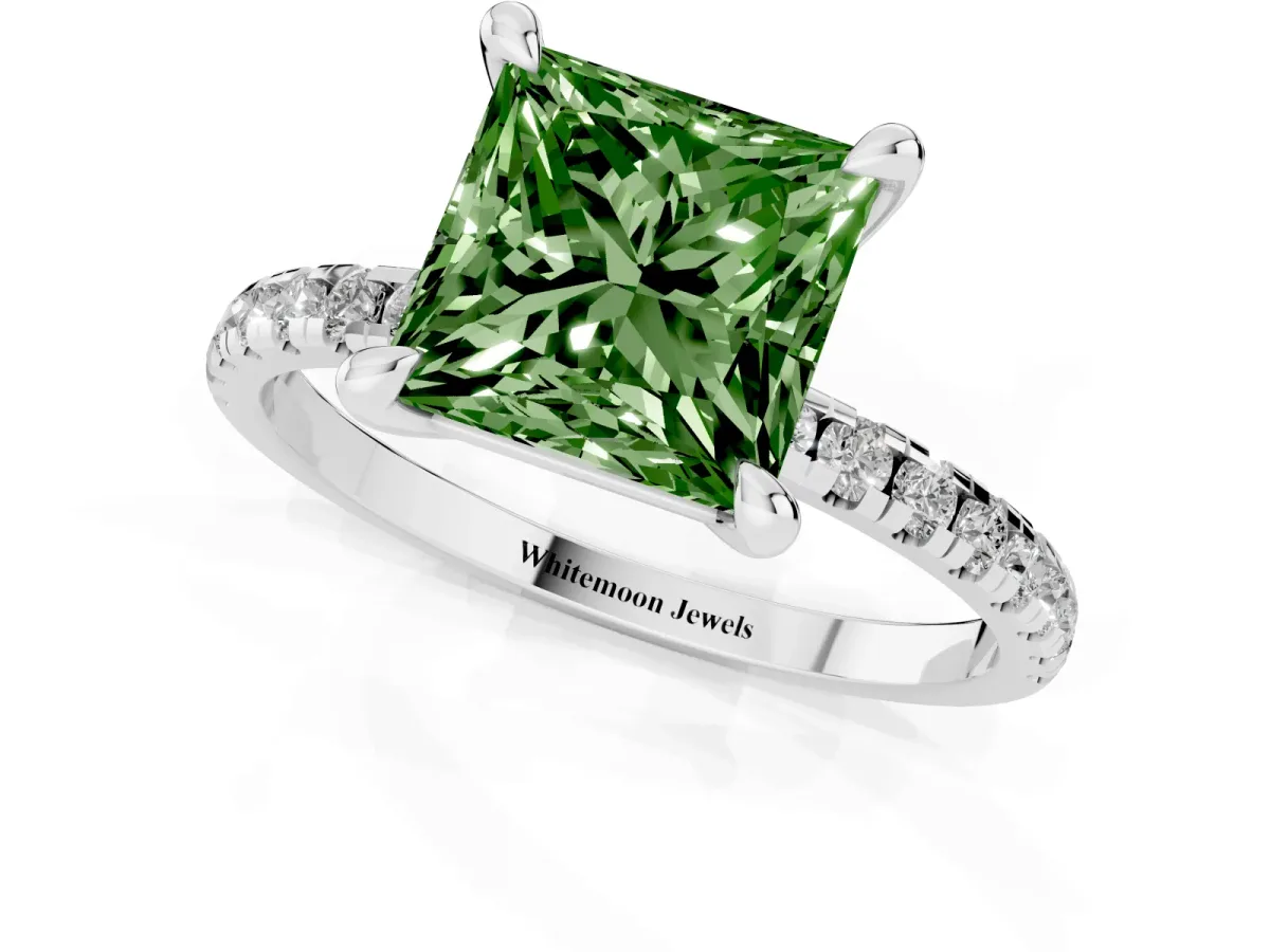 Fancy Green Princess Cut Diamond Brilliant Solitaire Ring with Pavé Band and Four-Prong Setting Platinum