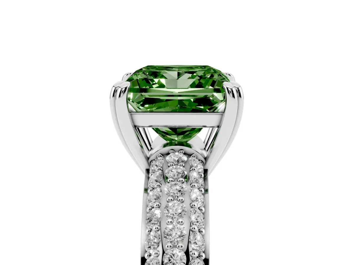 Fancy Green Princess Cut Diamond Solitaire Ring with Multi-Row Round Pavé Band and Prong Setting White gold